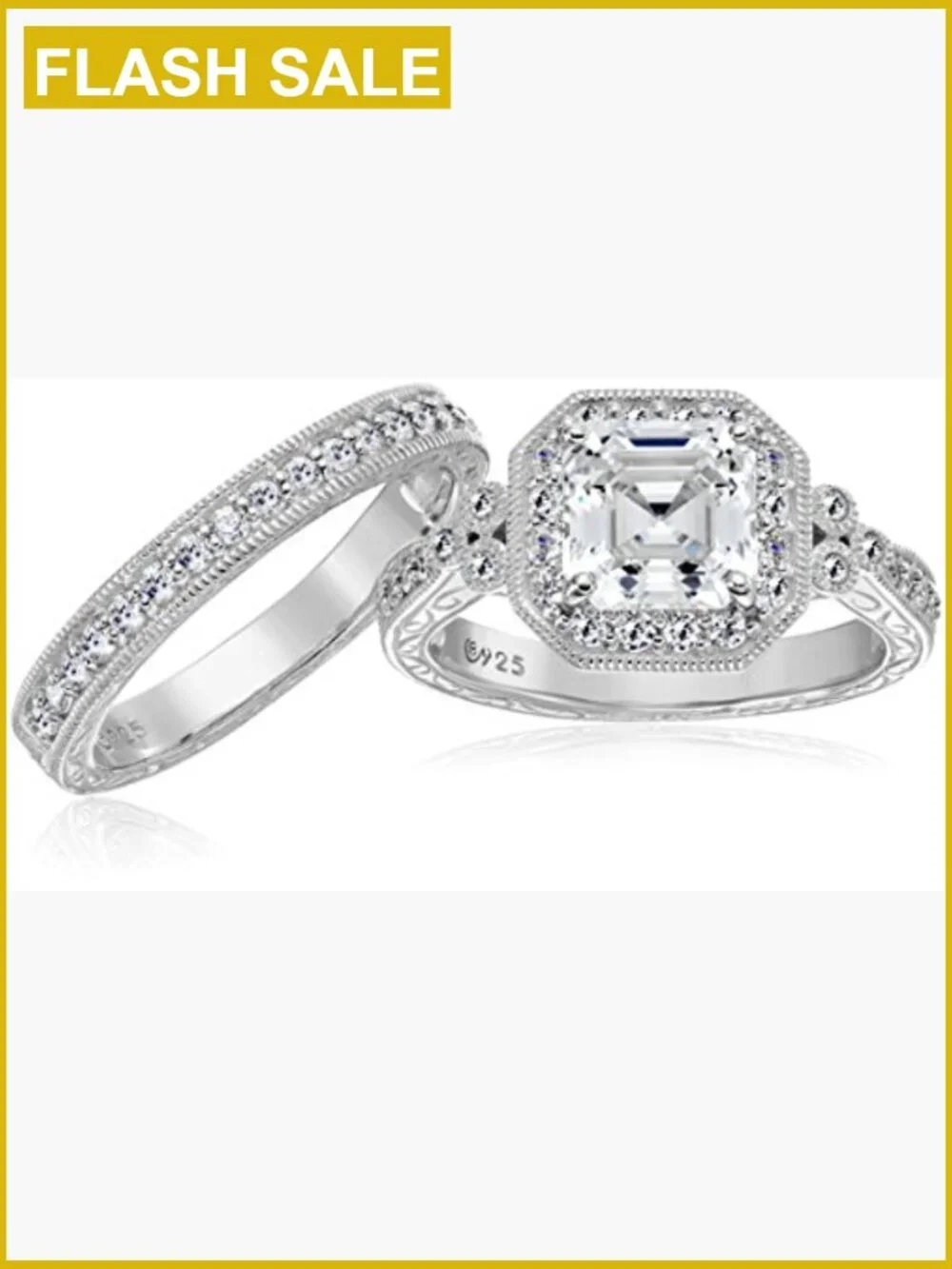 Antique Halo Engagement & Wedding Ring Set Sterling Silver Platinum
